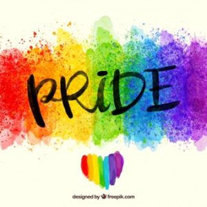 whit background with multi-color ribbon with "PRIDE" in black" 
